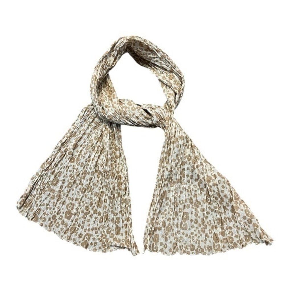 Crinkled Tan & White Cotton Floral Oblong Scarf